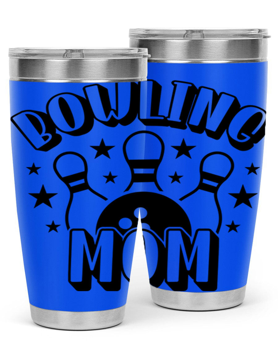Bowling Mom 1404# Tumbler in stainless steel with vibrant print, showcasing its double wall vacuum design and drink-thru lid.