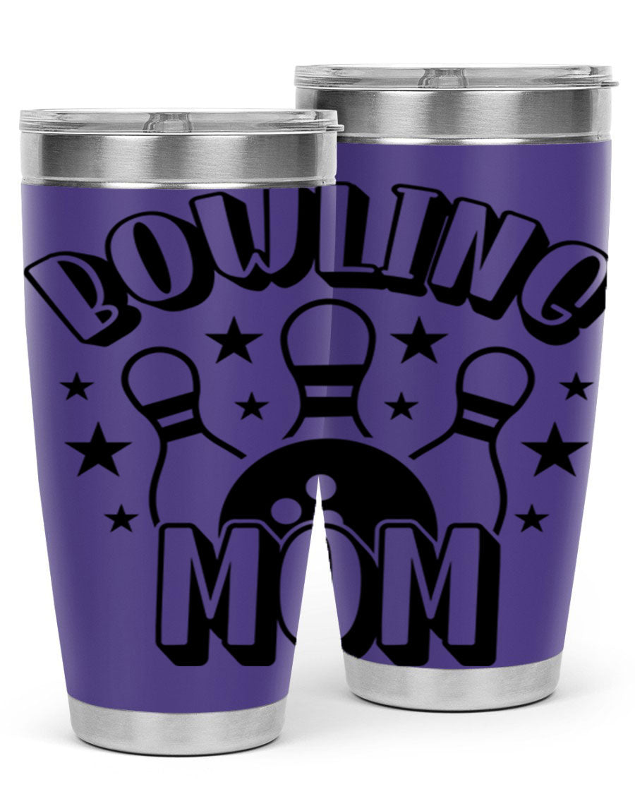 Bowling Mom 1404# Tumbler in stainless steel with vibrant print, showcasing its double wall vacuum design and drink-thru lid.