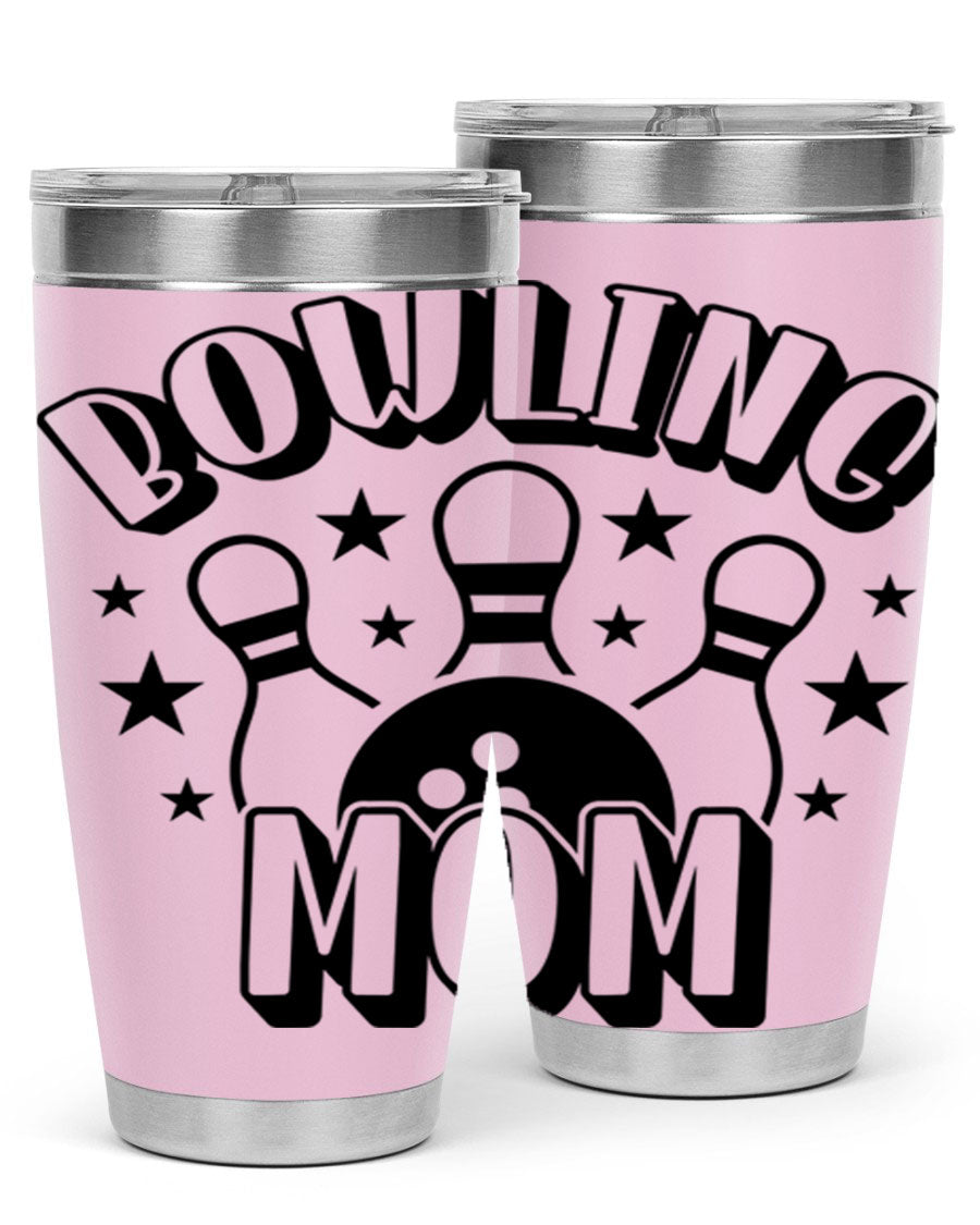Bowling Mom 1404# Tumbler in stainless steel with vibrant print, showcasing its double wall vacuum design and drink-thru lid.