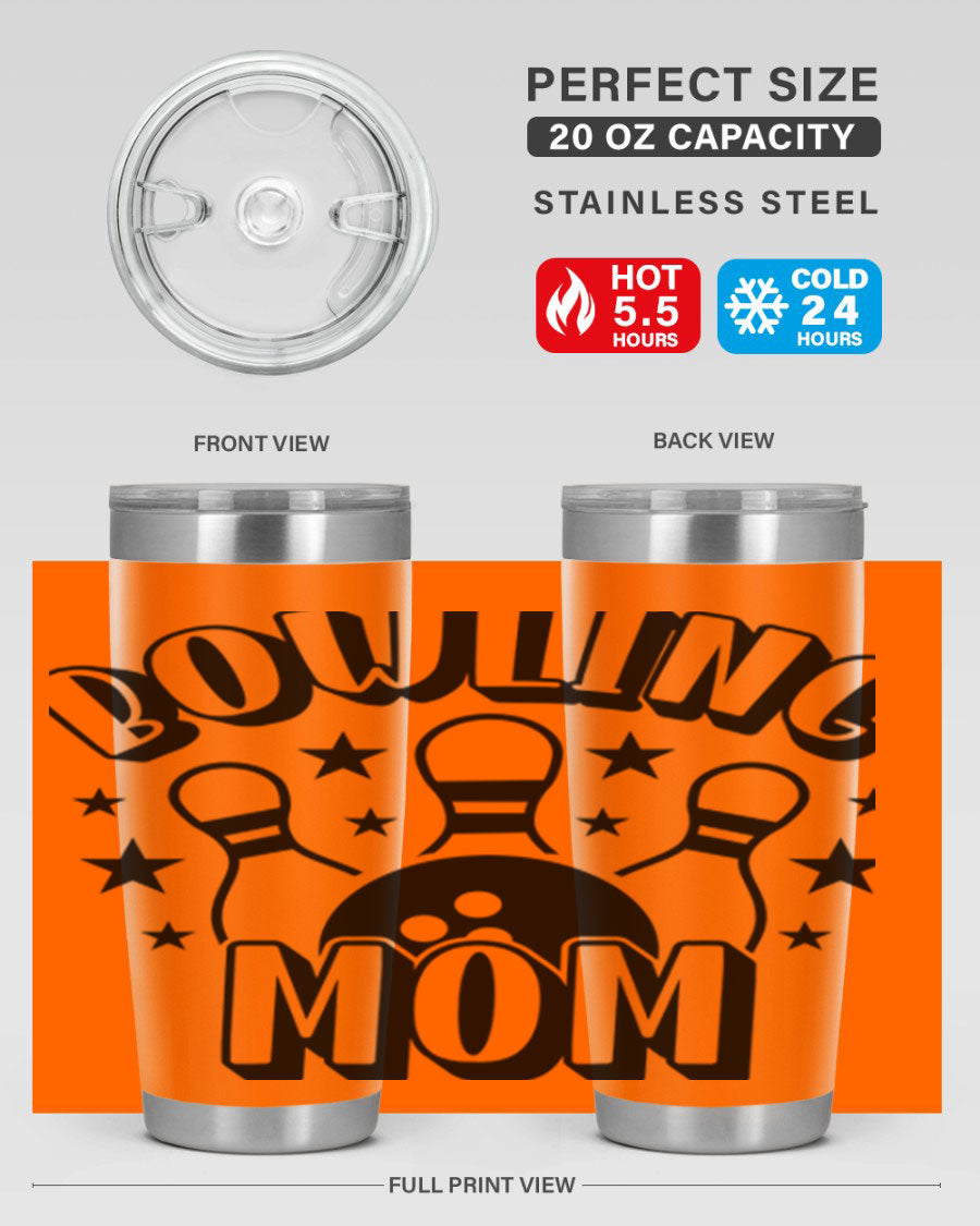 Bowling Mom 1404# Tumbler in stainless steel with vibrant print, showcasing its double wall vacuum design and drink-thru lid.