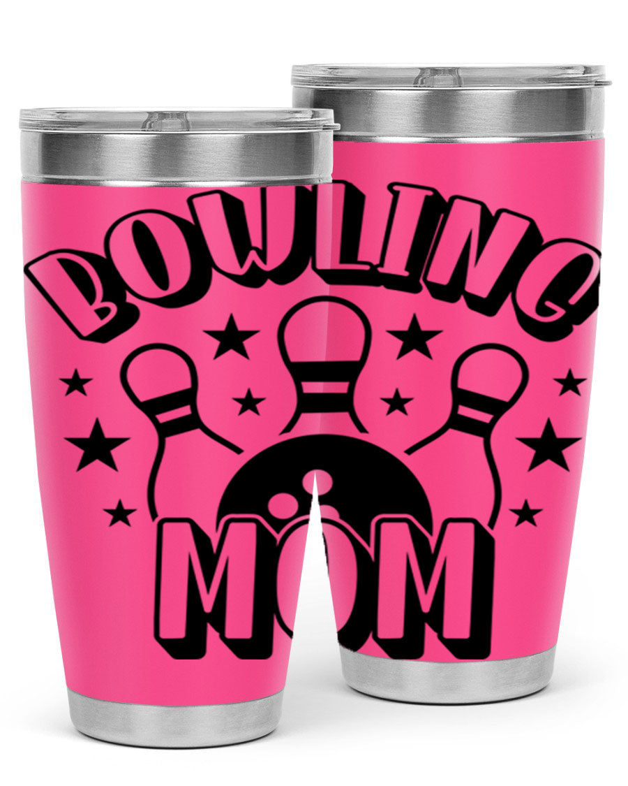 Bowling Mom 1404# Tumbler in stainless steel with vibrant print, showcasing its double wall vacuum design and drink-thru lid.