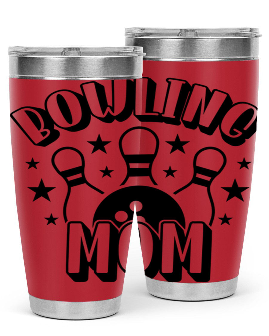Bowling Mom 1404# Tumbler in stainless steel with vibrant print, showcasing its double wall vacuum design and drink-thru lid.