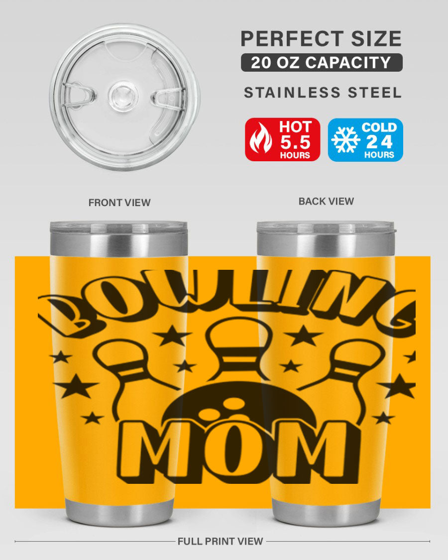 Bowling Mom 1404# Tumbler in stainless steel with vibrant print, showcasing its double wall vacuum design and drink-thru lid.