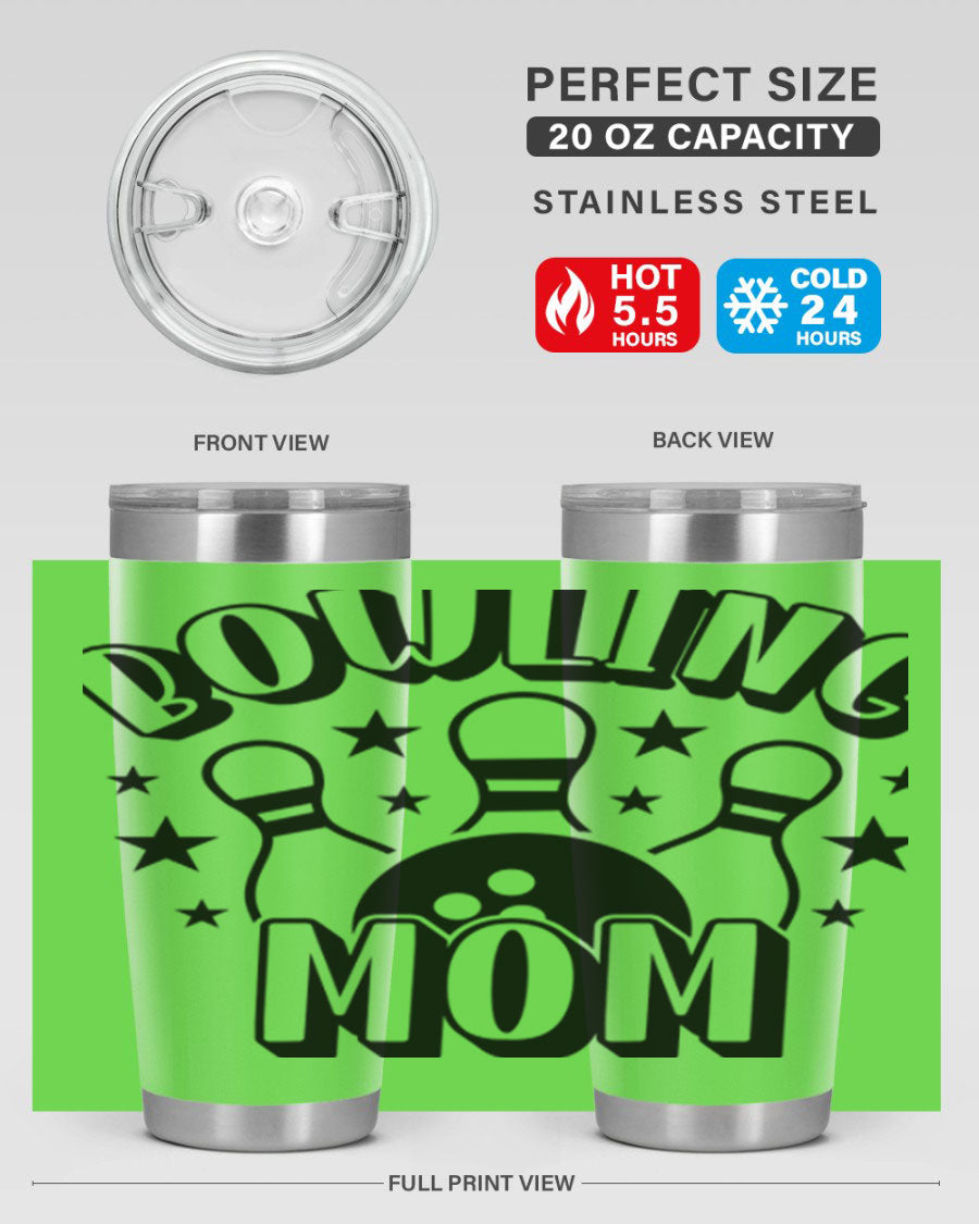 Bowling Mom 1404# Tumbler in stainless steel with vibrant print, showcasing its double wall vacuum design and drink-thru lid.