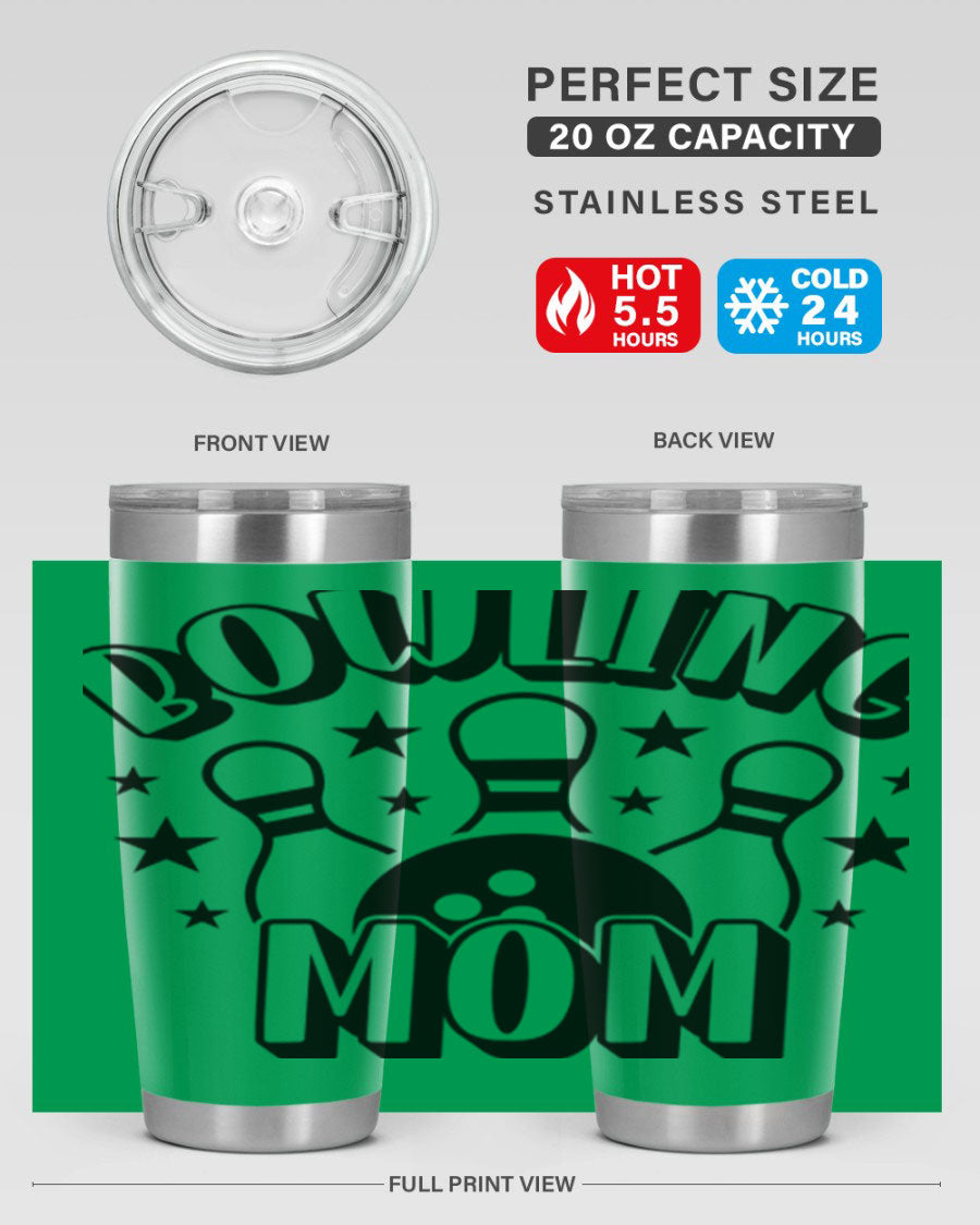 Bowling Mom 1404# Tumbler in stainless steel with vibrant print, showcasing its double wall vacuum design and drink-thru lid.