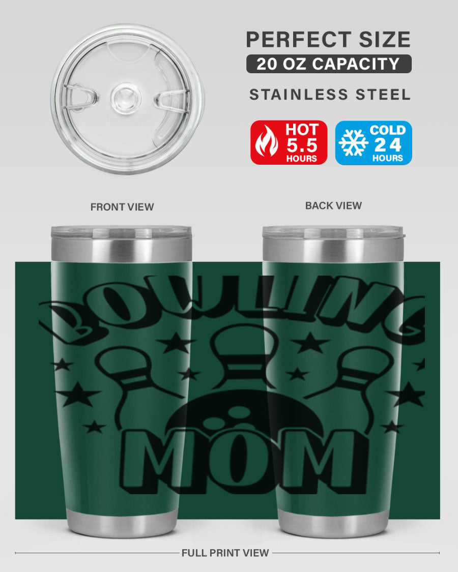 Bowling Mom 1404# Tumbler in stainless steel with vibrant print, showcasing its double wall vacuum design and drink-thru lid.