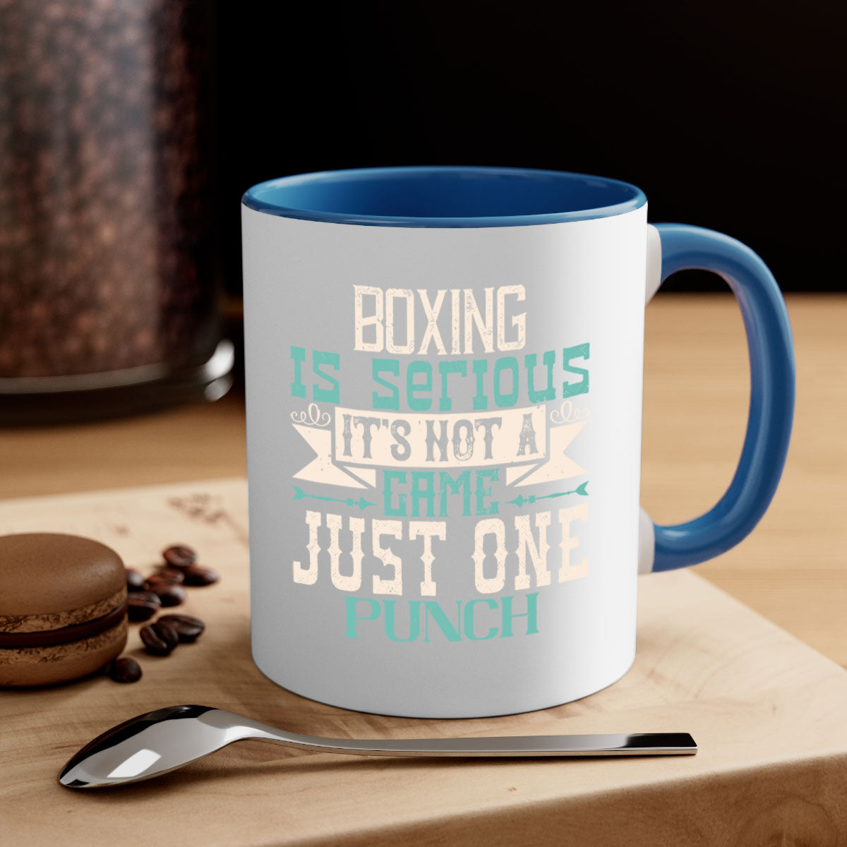 Boxing is Serious Mug featuring a bold statement design with a glossy finish and colorful handle, available in multiple sizes.