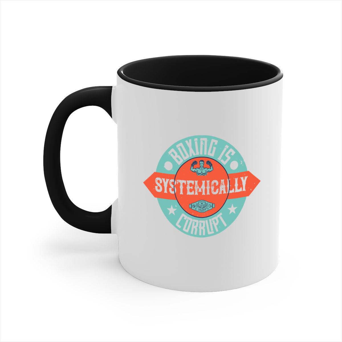A two-tone ceramic mug featuring the phrase 'Boxing is systemically corrupt', available in multiple colors with a glossy finish.