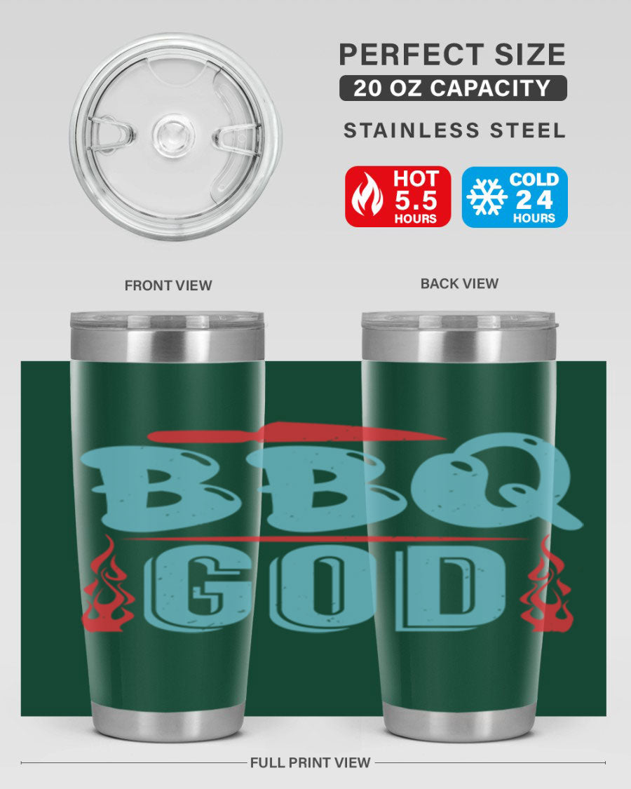 BBQ God 28# Tumbler in stainless steel with copper lining, showcasing its sleek design and drink-thru lid.