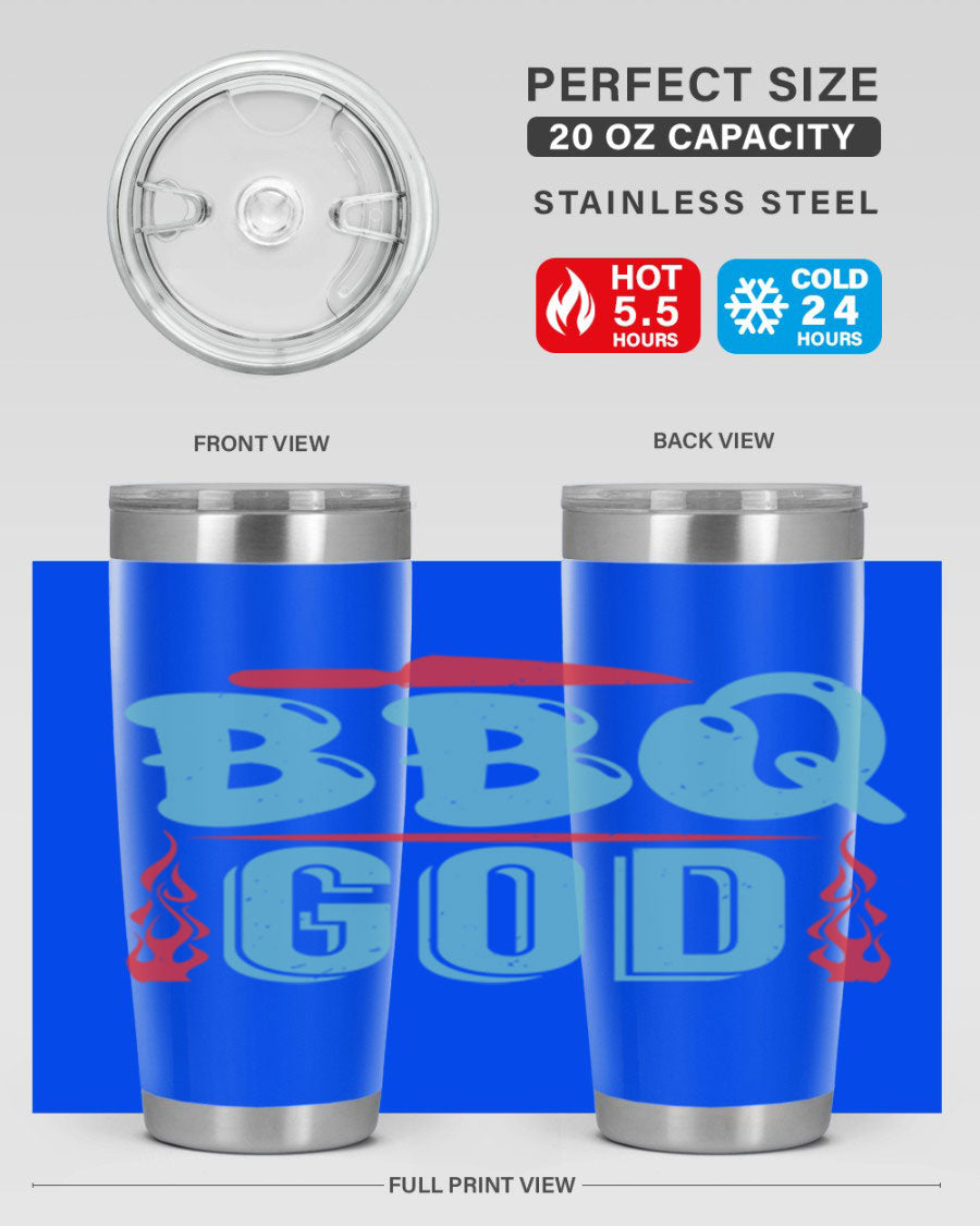 BBQ God 28# Tumbler in stainless steel with copper lining, showcasing its sleek design and drink-thru lid.