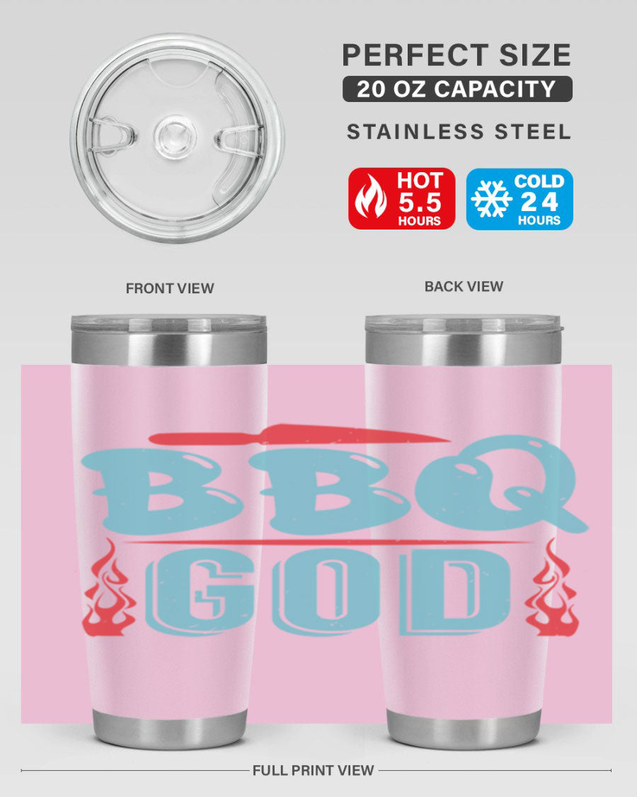 BBQ God 28# Tumbler in stainless steel with copper lining, showcasing its sleek design and drink-thru lid.