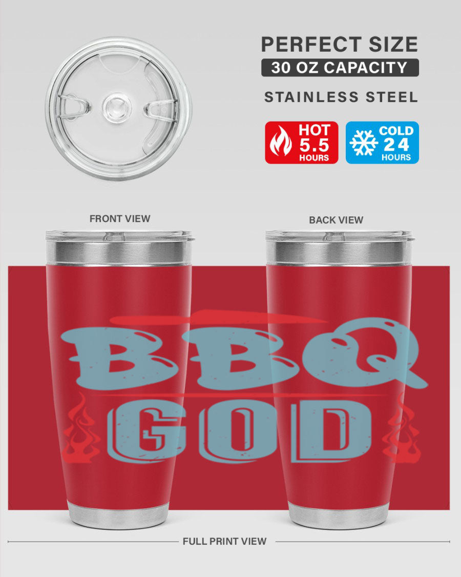BBQ God 28# Tumbler in stainless steel with copper lining, showcasing its sleek design and drink-thru lid.