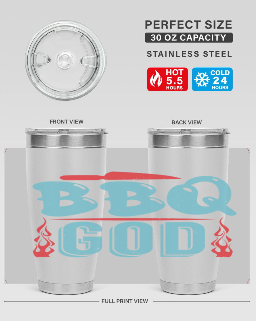 BBQ God 28# Tumbler in stainless steel with copper lining, showcasing its sleek design and drink-thru lid.