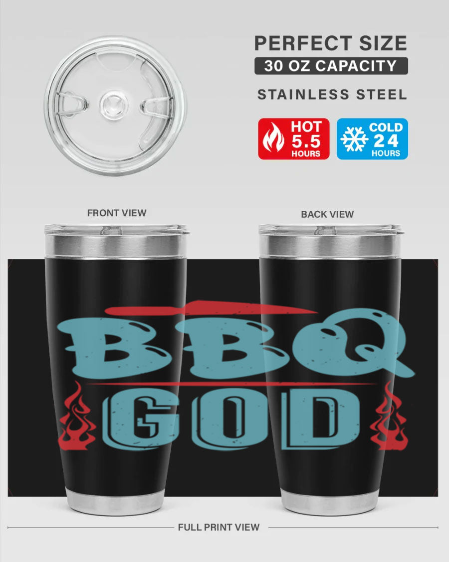 BBQ God 28# Tumbler in stainless steel with copper lining, showcasing its sleek design and drink-thru lid.