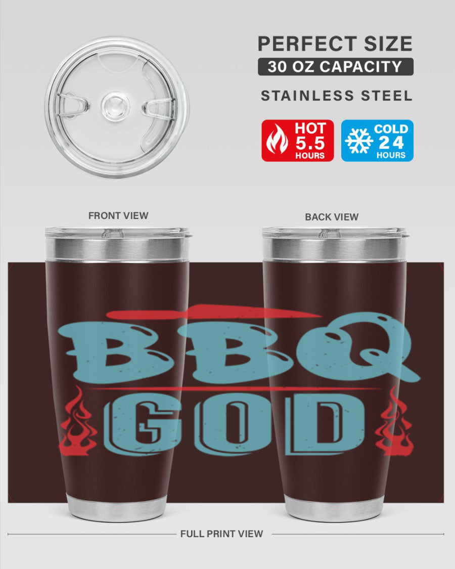 BBQ God 28# Tumbler in stainless steel with copper lining, showcasing its sleek design and drink-thru lid.