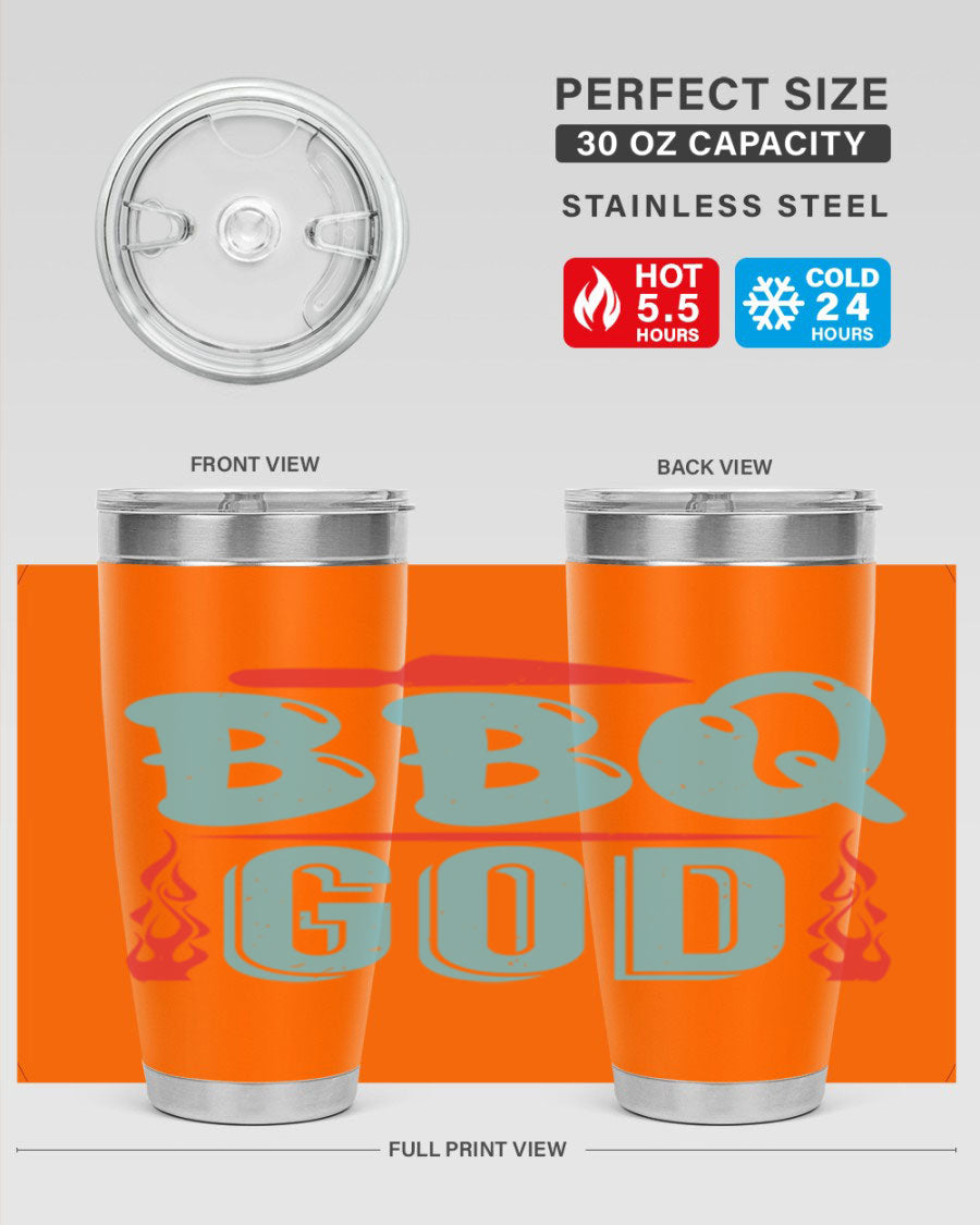 BBQ God 28# Tumbler in stainless steel with copper lining, showcasing its sleek design and drink-thru lid.