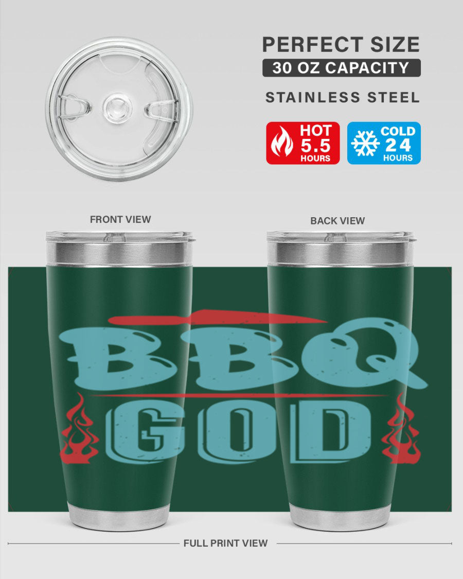 BBQ God 28# Tumbler in stainless steel with copper lining, showcasing its sleek design and drink-thru lid.