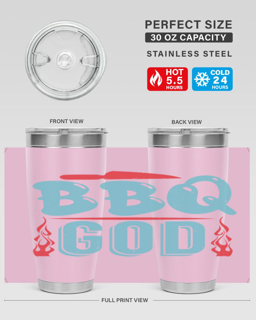 BBQ God 28# Tumbler in stainless steel with copper lining, showcasing its sleek design and drink-thru lid.