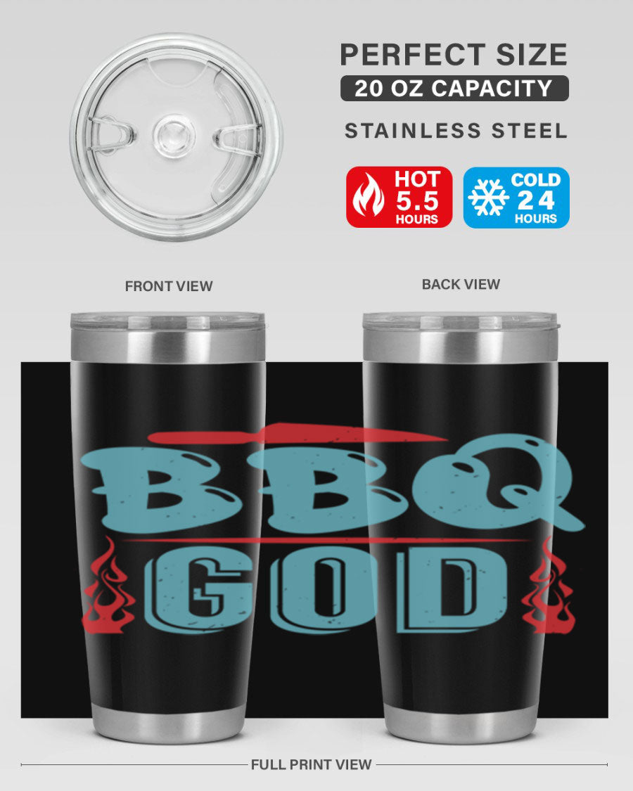 BBQ God 28# Tumbler in stainless steel with copper lining, showcasing its sleek design and drink-thru lid.