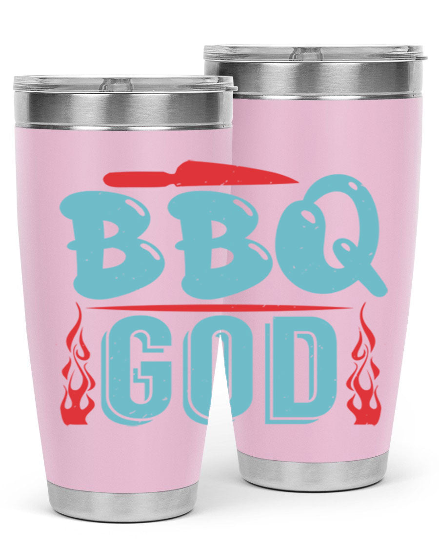 BBQ God 28# Tumbler in stainless steel with copper lining, showcasing its sleek design and drink-thru lid.