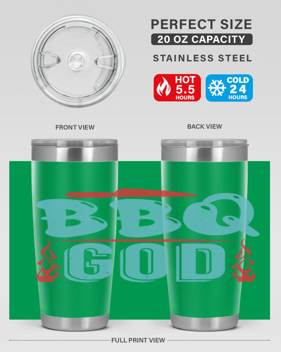 BBQ God 28# Tumbler in stainless steel with copper lining, showcasing its sleek design and drink-thru lid.