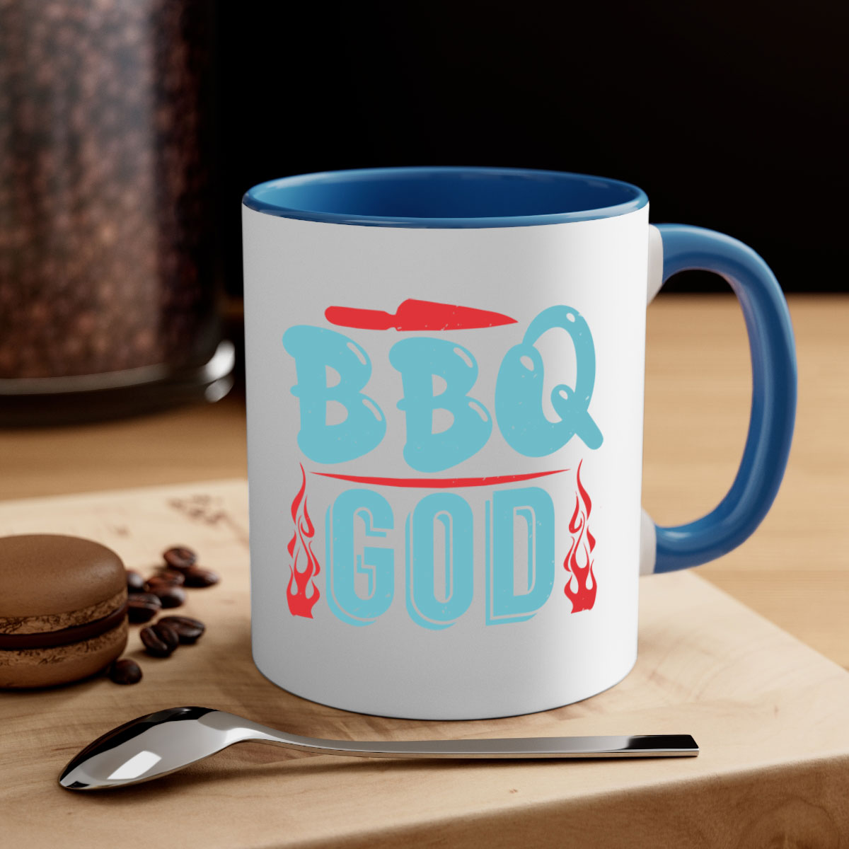 BBQ God 28# Mug featuring a glossy finish, colored handle, and interior, available in multiple colors and sizes.
