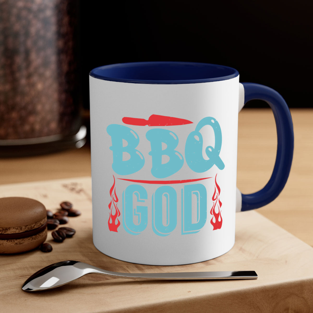 BBQ God 28# Mug featuring a glossy finish, colored handle, and interior, available in multiple colors and sizes.