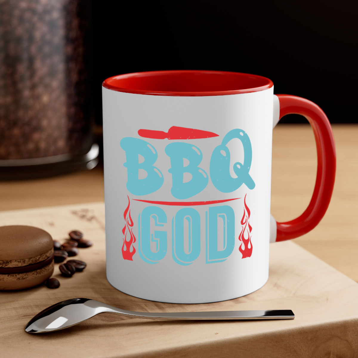BBQ God 28# Mug featuring a glossy finish, colored handle, and interior, available in multiple colors and sizes.