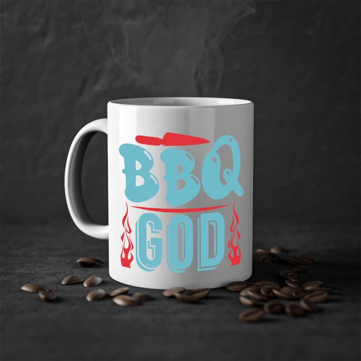 BBQ God 28# Mug featuring a glossy finish, colored handle, and interior, available in multiple colors and sizes.