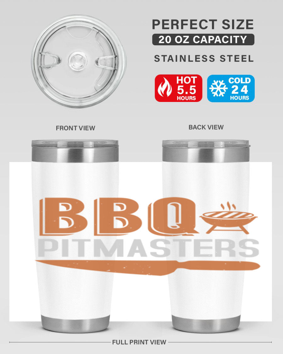 BBQ Pitmasters 20oz Tumbler made of stainless steel with a drink-thru lid, showcasing its sleek design and vibrant print.