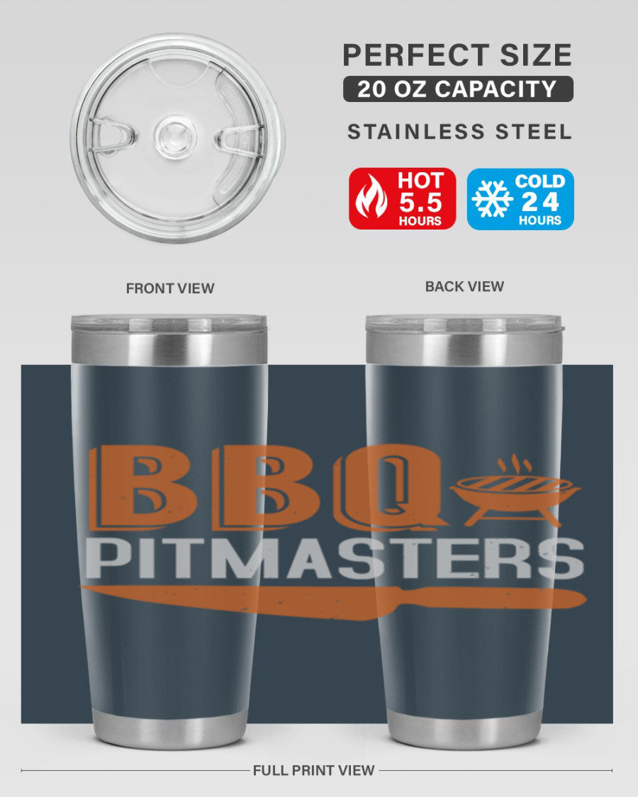 BBQ Pitmasters 20oz Tumbler made of stainless steel with a drink-thru lid, showcasing its sleek design and vibrant print.