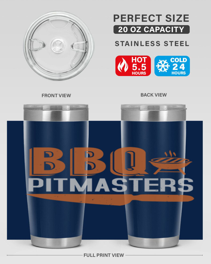 BBQ Pitmasters 20oz Tumbler made of stainless steel with a drink-thru lid, showcasing its sleek design and vibrant print.
