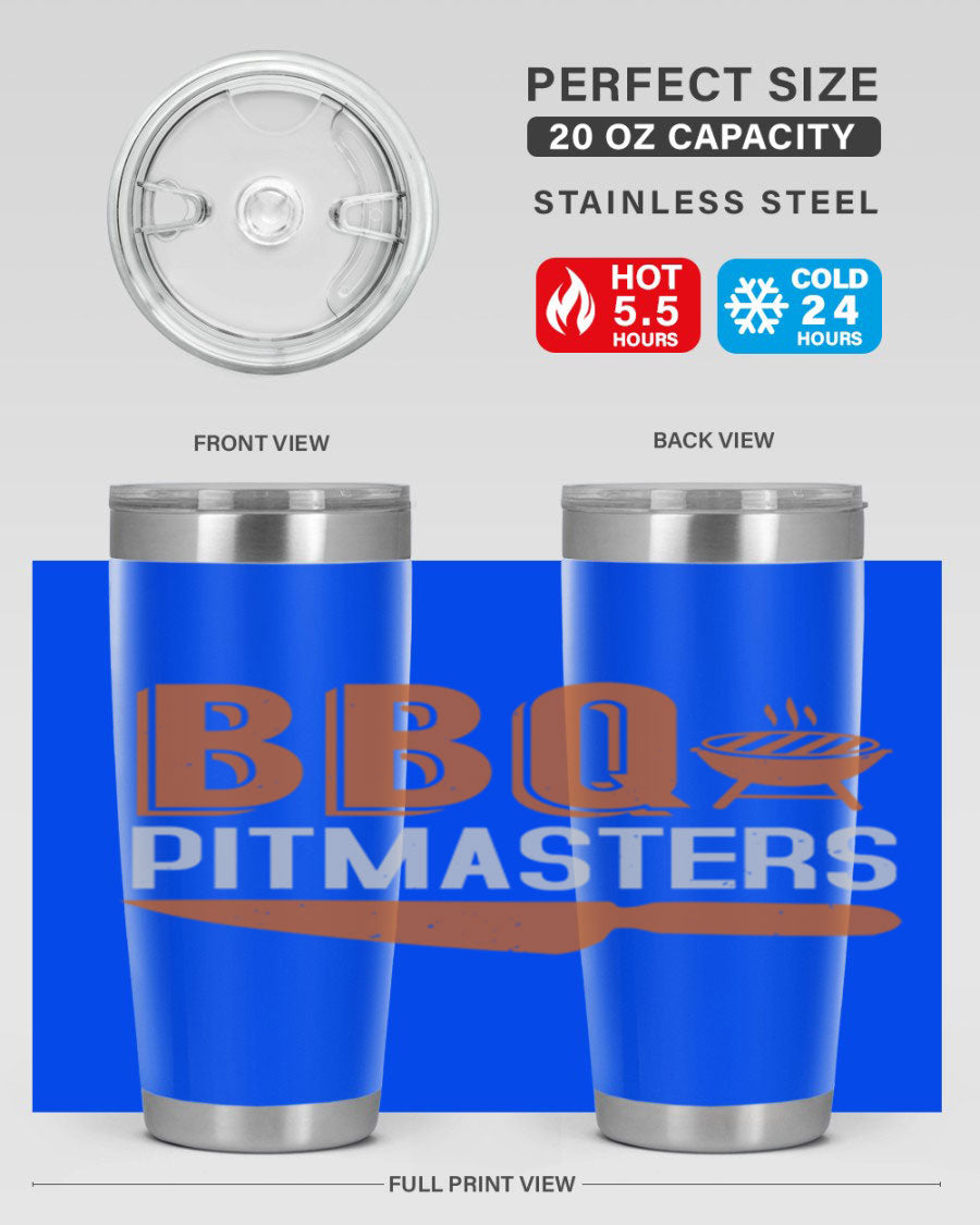 BBQ Pitmasters 20oz Tumbler made of stainless steel with a drink-thru lid, showcasing its sleek design and vibrant print.