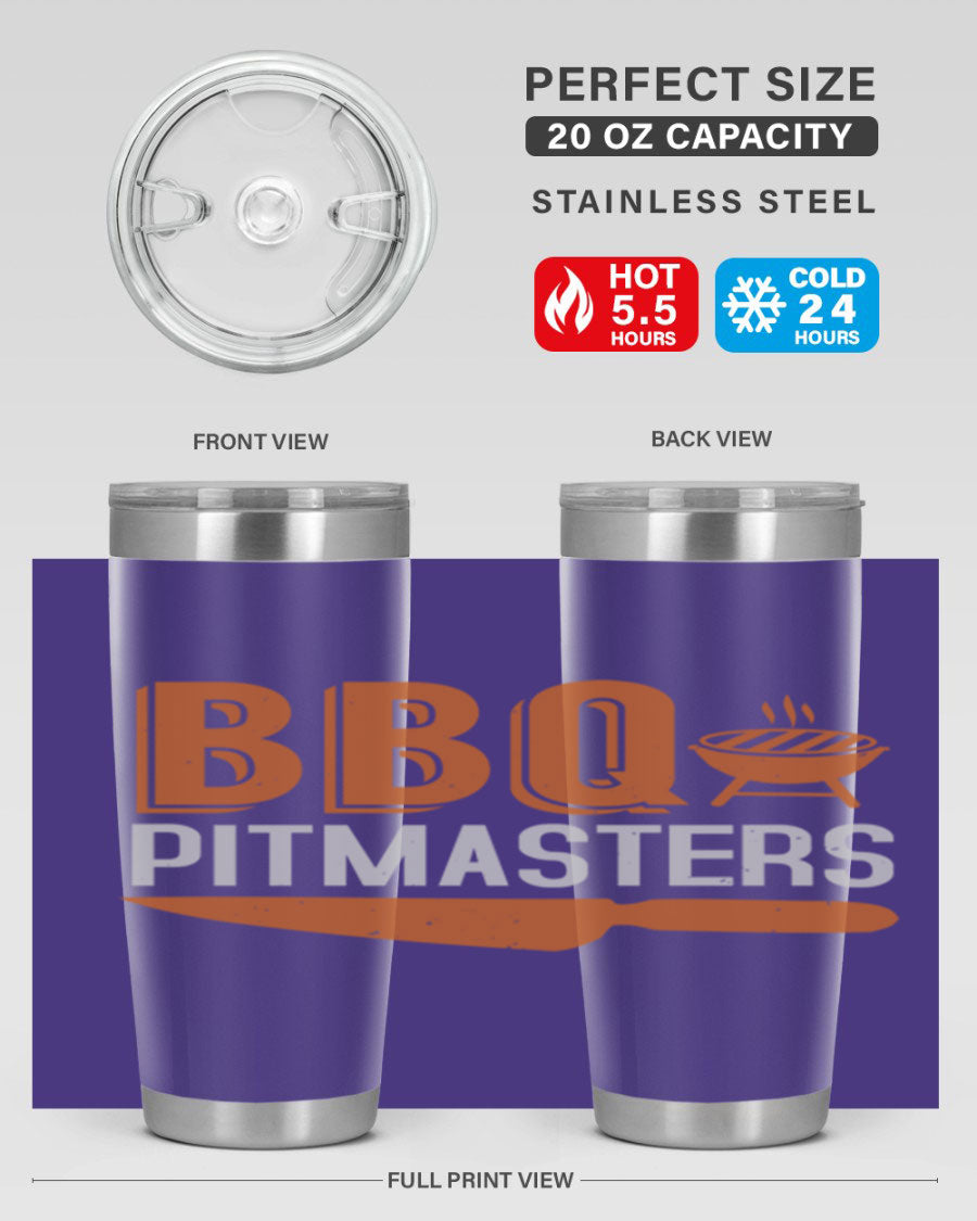 BBQ Pitmasters 20oz Tumbler made of stainless steel with a drink-thru lid, showcasing its sleek design and vibrant print.