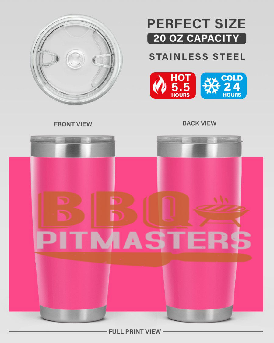 BBQ Pitmasters 20oz Tumbler made of stainless steel with a drink-thru lid, showcasing its sleek design and vibrant print.