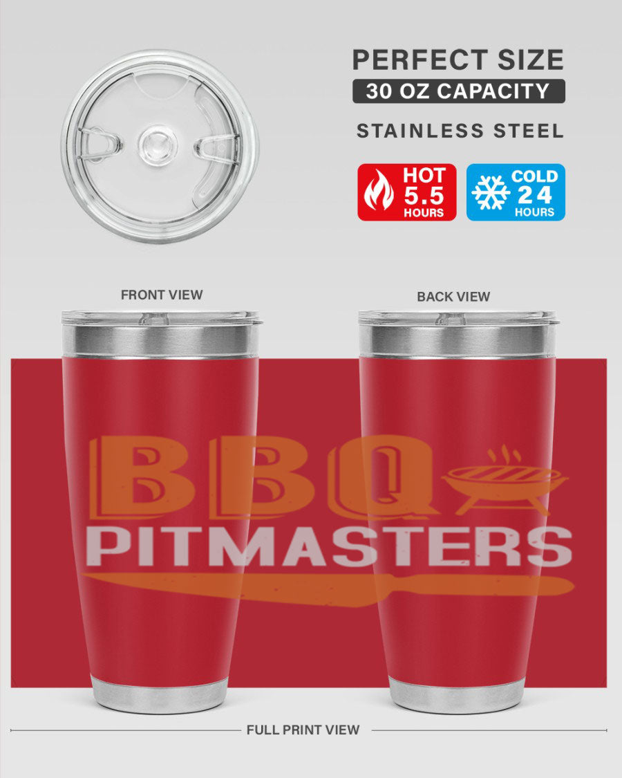 BBQ Pitmasters 20oz Tumbler made of stainless steel with a drink-thru lid, showcasing its sleek design and vibrant print.