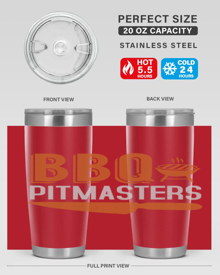 BBQ Pitmasters 20oz Tumbler made of stainless steel with a drink-thru lid, showcasing its sleek design and vibrant print.