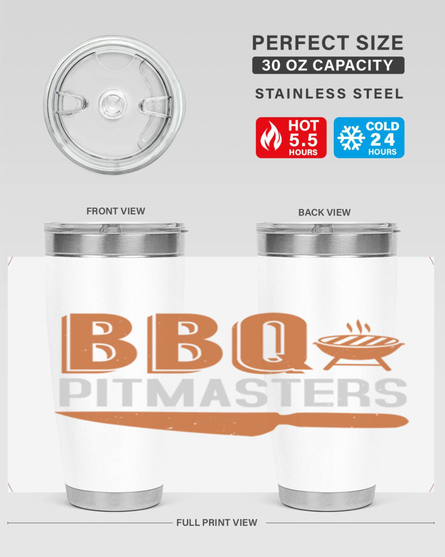 BBQ Pitmasters 20oz Tumbler made of stainless steel with a drink-thru lid, showcasing its sleek design and vibrant print.