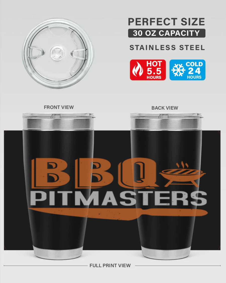 BBQ Pitmasters 20oz Tumbler made of stainless steel with a drink-thru lid, showcasing its sleek design and vibrant print.