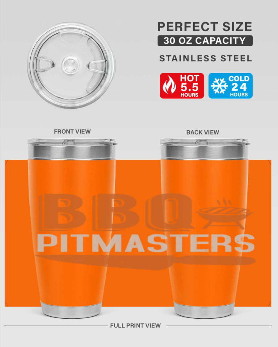 BBQ Pitmasters 20oz Tumbler made of stainless steel with a drink-thru lid, showcasing its sleek design and vibrant print.