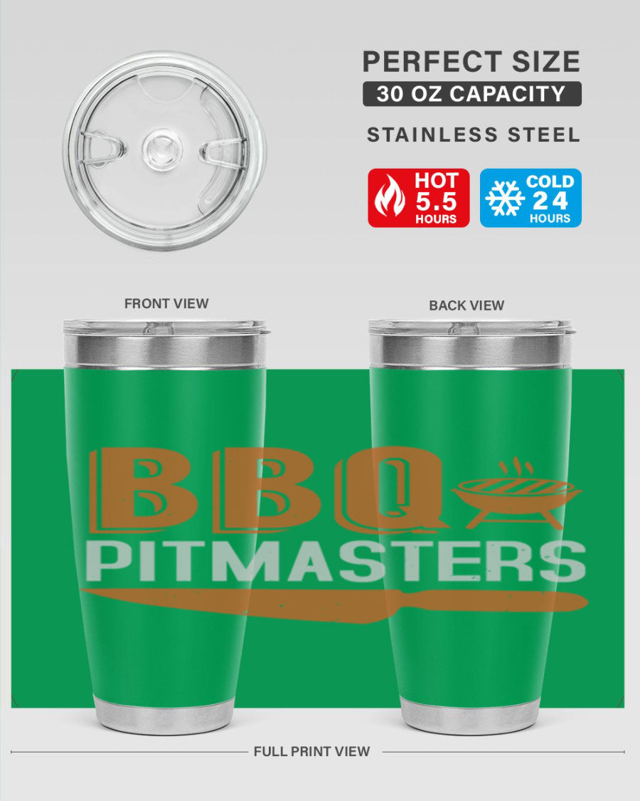 BBQ Pitmasters 20oz Tumbler made of stainless steel with a drink-thru lid, showcasing its sleek design and vibrant print.