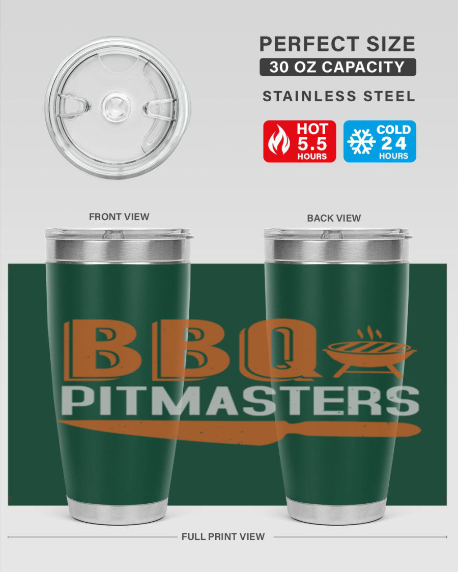 BBQ Pitmasters 20oz Tumbler made of stainless steel with a drink-thru lid, showcasing its sleek design and vibrant print.
