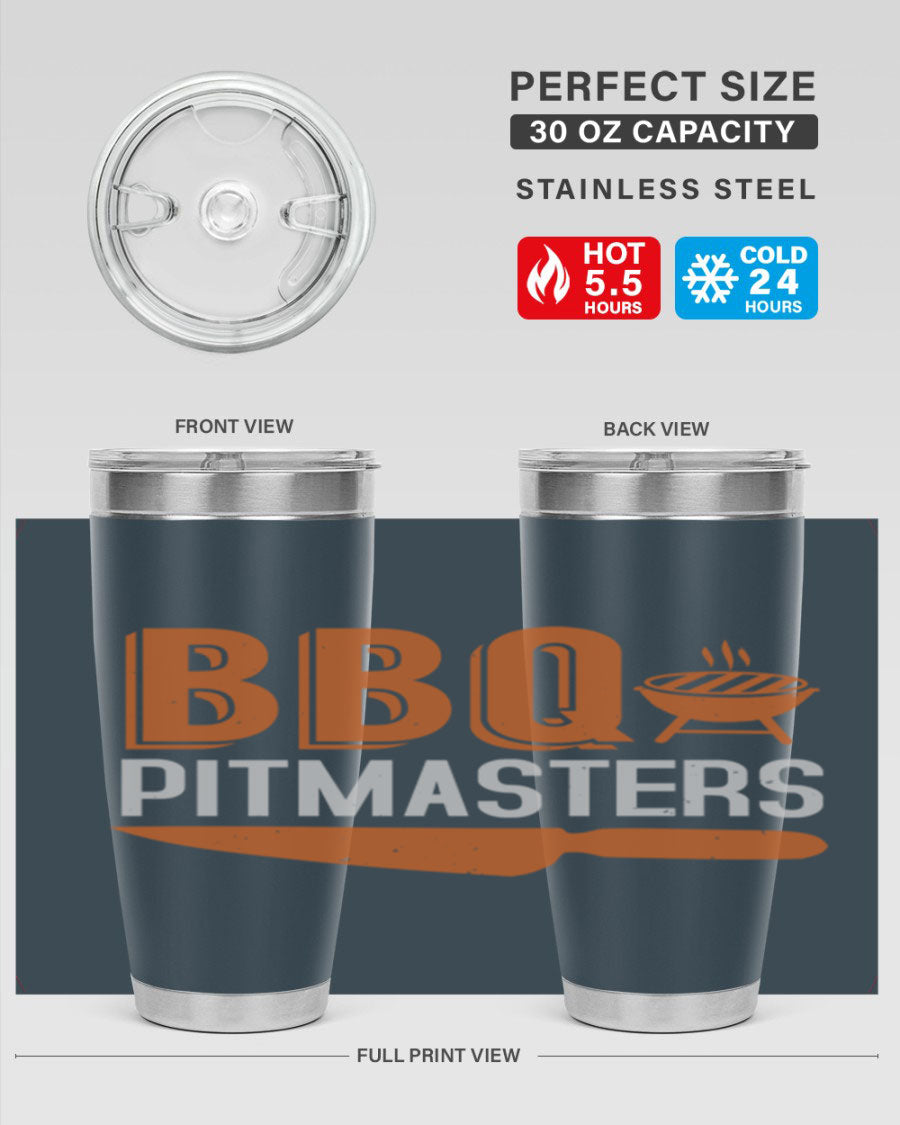 BBQ Pitmasters 20oz Tumbler made of stainless steel with a drink-thru lid, showcasing its sleek design and vibrant print.