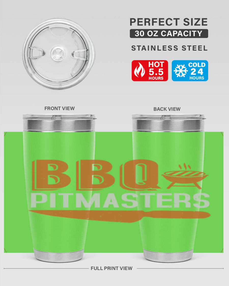BBQ Pitmasters 20oz Tumbler made of stainless steel with a drink-thru lid, showcasing its sleek design and vibrant print.