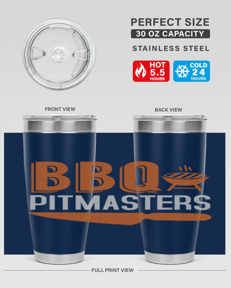 BBQ Pitmasters 20oz Tumbler made of stainless steel with a drink-thru lid, showcasing its sleek design and vibrant print.