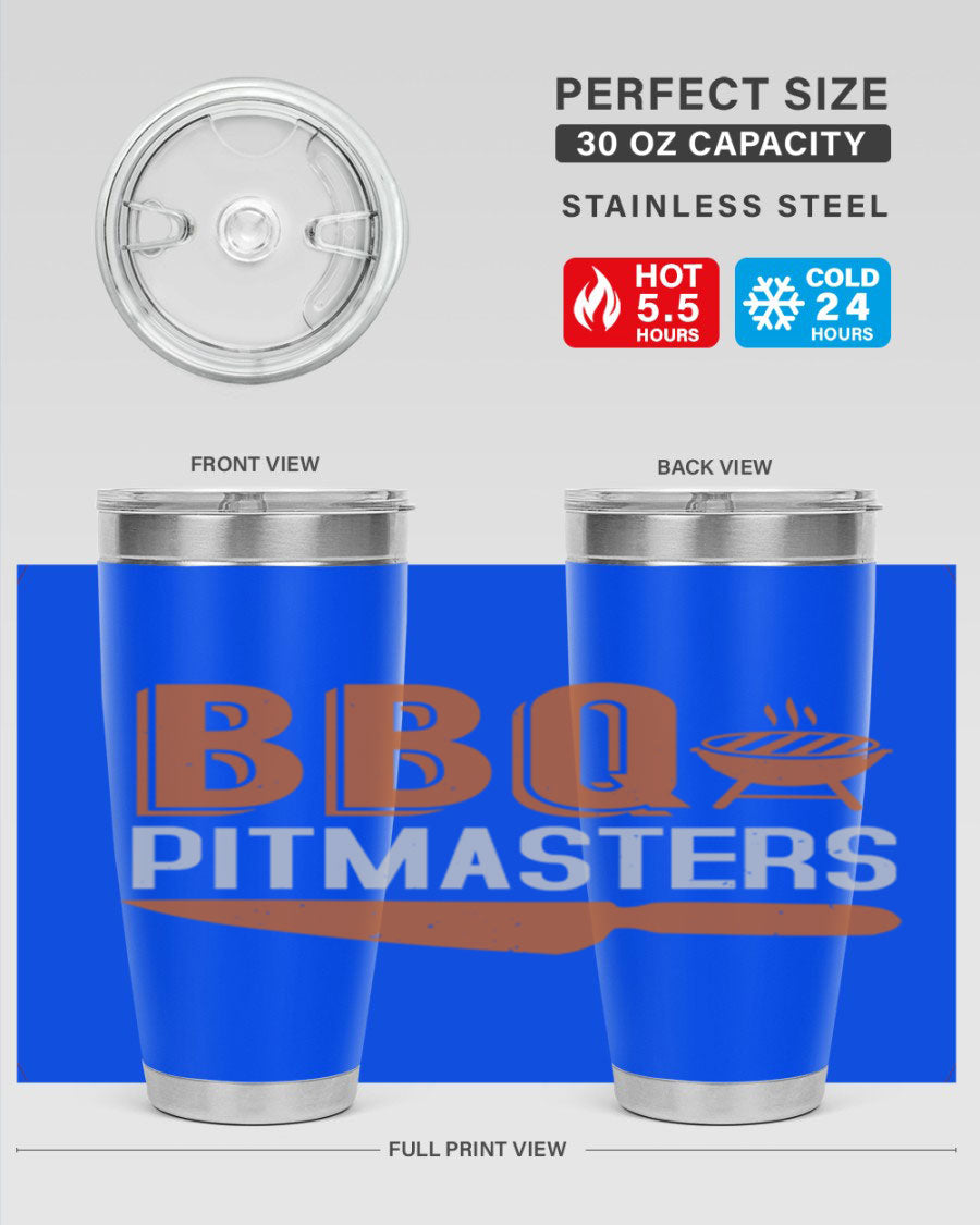 BBQ Pitmasters 20oz Tumbler made of stainless steel with a drink-thru lid, showcasing its sleek design and vibrant print.