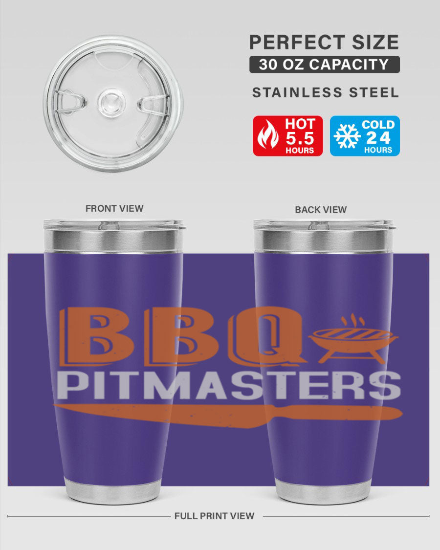 BBQ Pitmasters 20oz Tumbler made of stainless steel with a drink-thru lid, showcasing its sleek design and vibrant print.