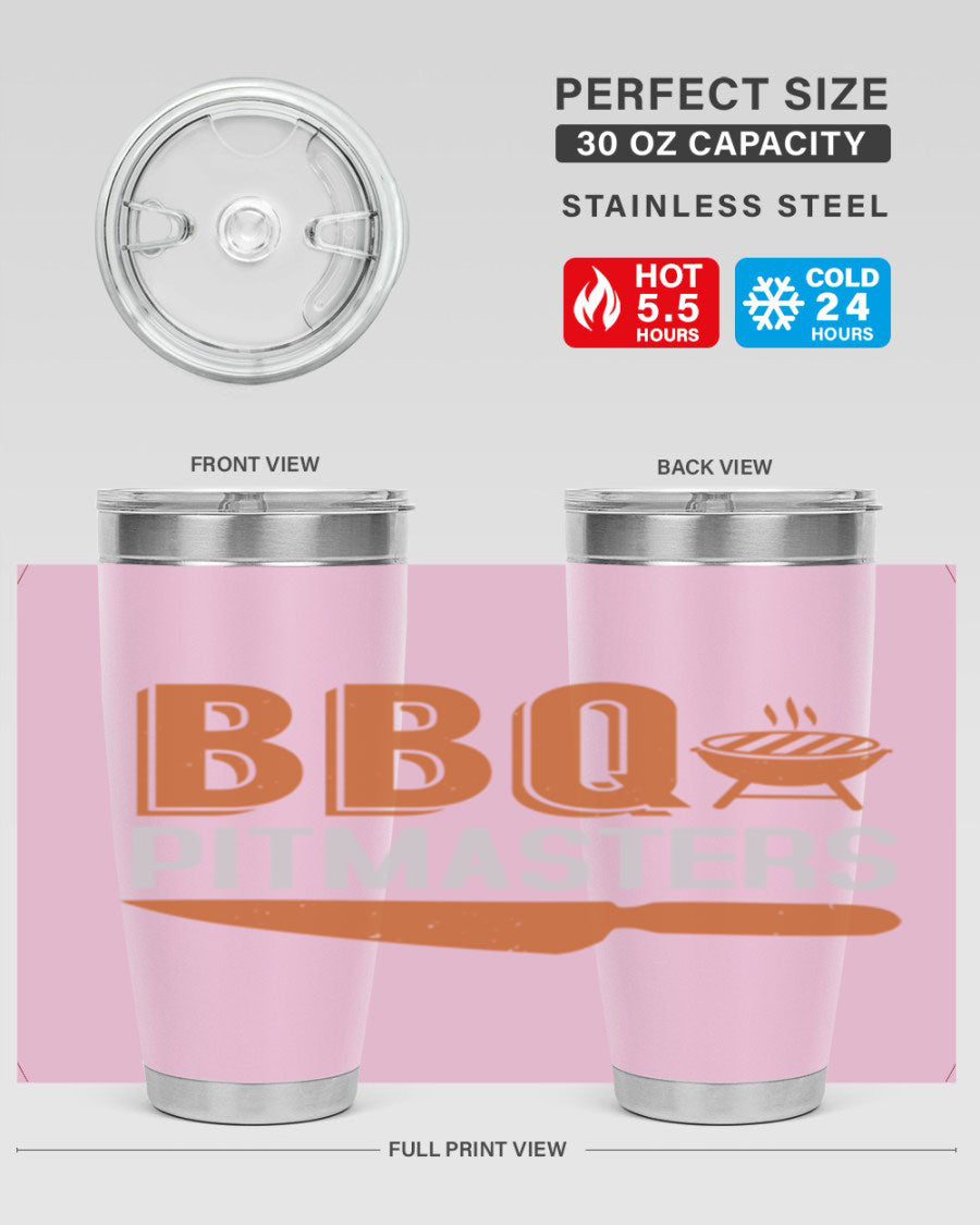 BBQ Pitmasters 20oz Tumbler made of stainless steel with a drink-thru lid, showcasing its sleek design and vibrant print.