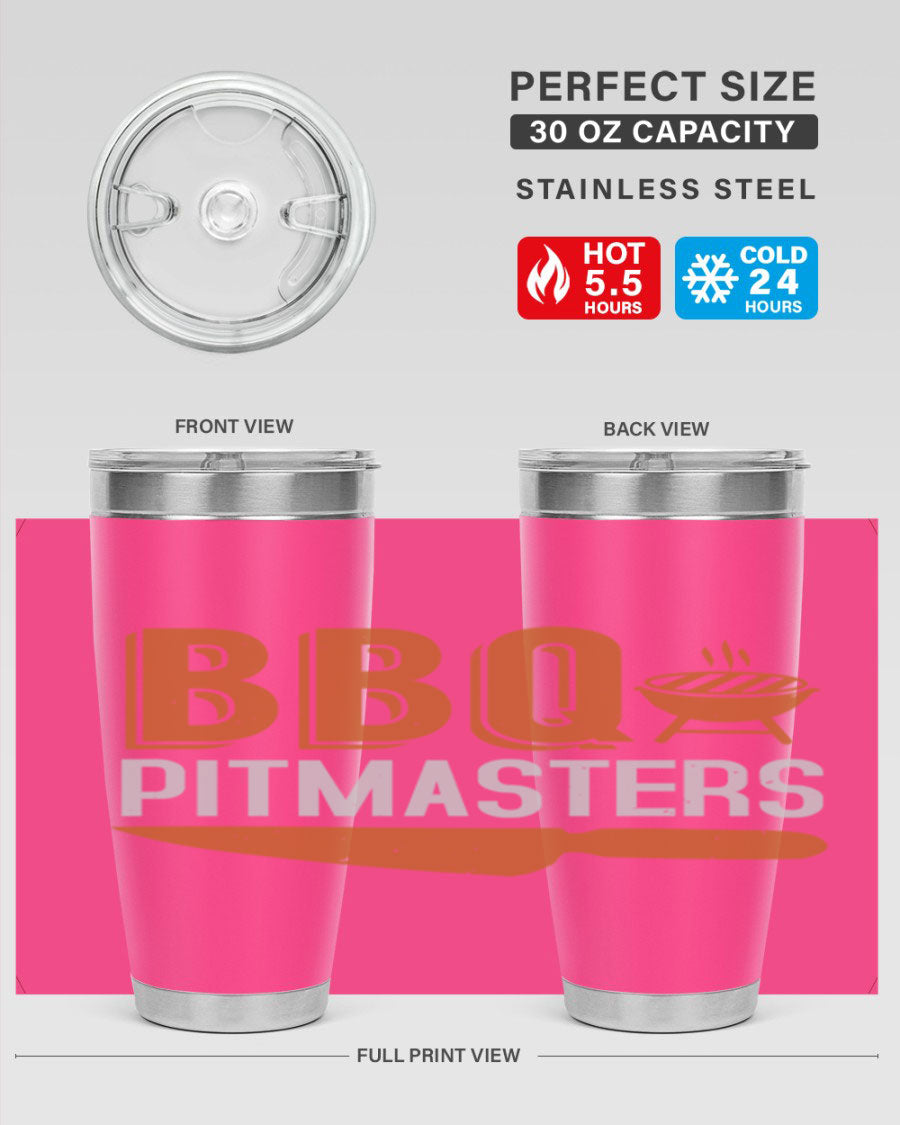 BBQ Pitmasters 20oz Tumbler made of stainless steel with a drink-thru lid, showcasing its sleek design and vibrant print.