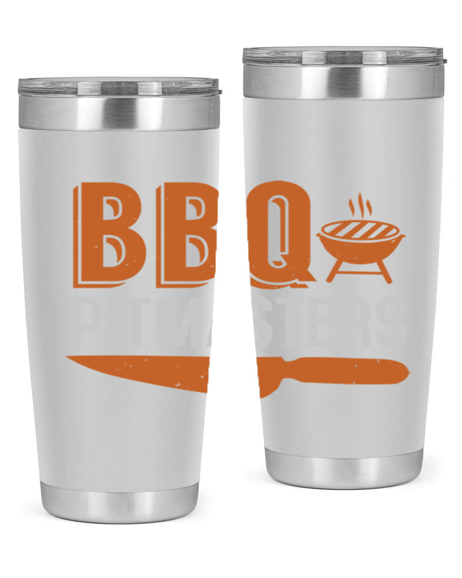BBQ Pitmasters 20oz Tumbler made of stainless steel with a drink-thru lid, showcasing its sleek design and vibrant print.
